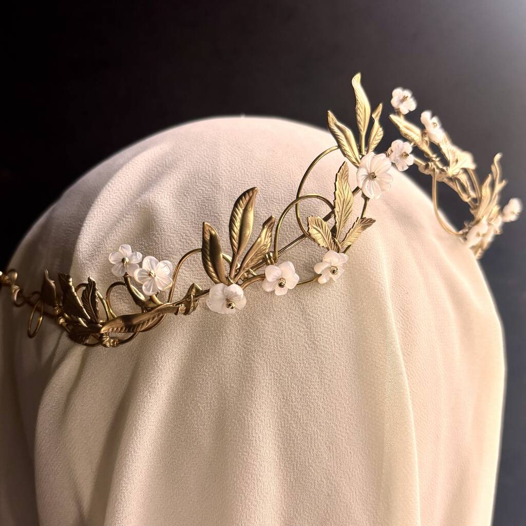 The Ostara Crown Gold Silver Shell Mother Of Pearl Floral Hair Vine Bridal Headpiece, 1 of 12