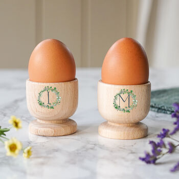 Personalised Foliage Wreath Wooden Egg Cups, 2 of 2