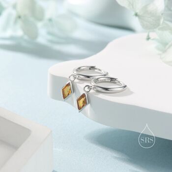 Very Tiny Rhombus Citrine Yellow Cz Huggie Hoop In Sterling Silver, 3 of 12