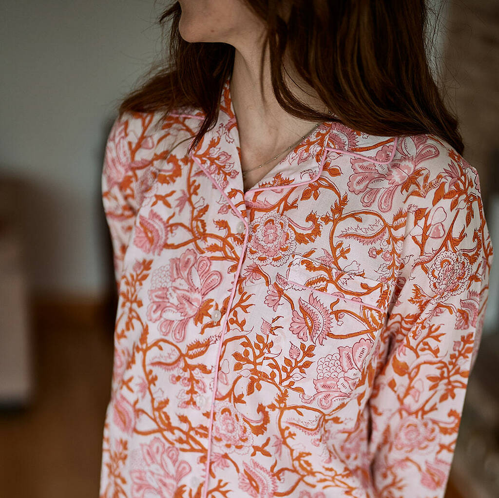 Orange And Pink Organic Floral Block Printed Pyjamas, 1 of 9
