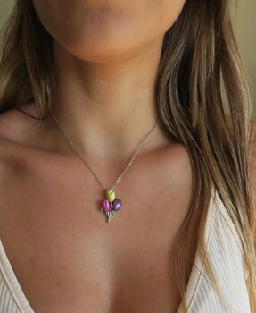 Tulip Yellow Purple And Pink Flower Pendant Necklace, 3 of 4
