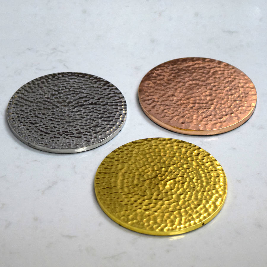 copper, gold and silver hammered drinks coasters by pushka home ...