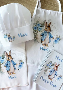 Personalised Kids Baking Set, Blue Rabbit Theme Cooking Apron Chef Hat, 2 of 10