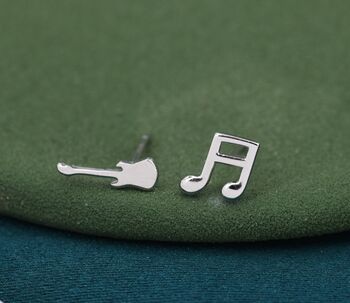 Mismatched Electric Guitar And Music Note Stud Earrings In Sterling Silver, 3 of 10
