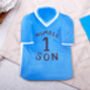 Football Number One Son Birthday Card With Blue Or Red T Shirt Design, thumbnail 3 of 8