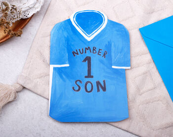 Football Number One Son Birthday Card With Blue Or Red T Shirt Design, 3 of 8