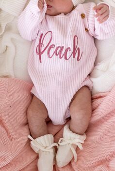 Pink Personalised Embroidered New Baby Name Long Sleeve Knitted Romper, 2 of 12
