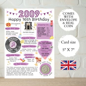 16th Birthday Card With 2009 Coin And Envelope Choose Your Colour, 3 of 3