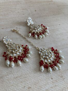 Red Gold Plated Kundan Earrings And Tikka Set, 4 of 4