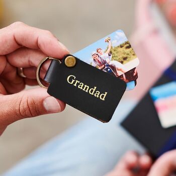 Personalised Leather Keyring For Dad With Four Metal Photo Cards With Hot Stamped Initials, Name Or Date, 4 of 6