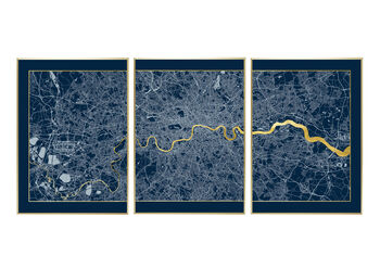 London Triptych Map Screen Prints | Navy And Gold, 2 of 6