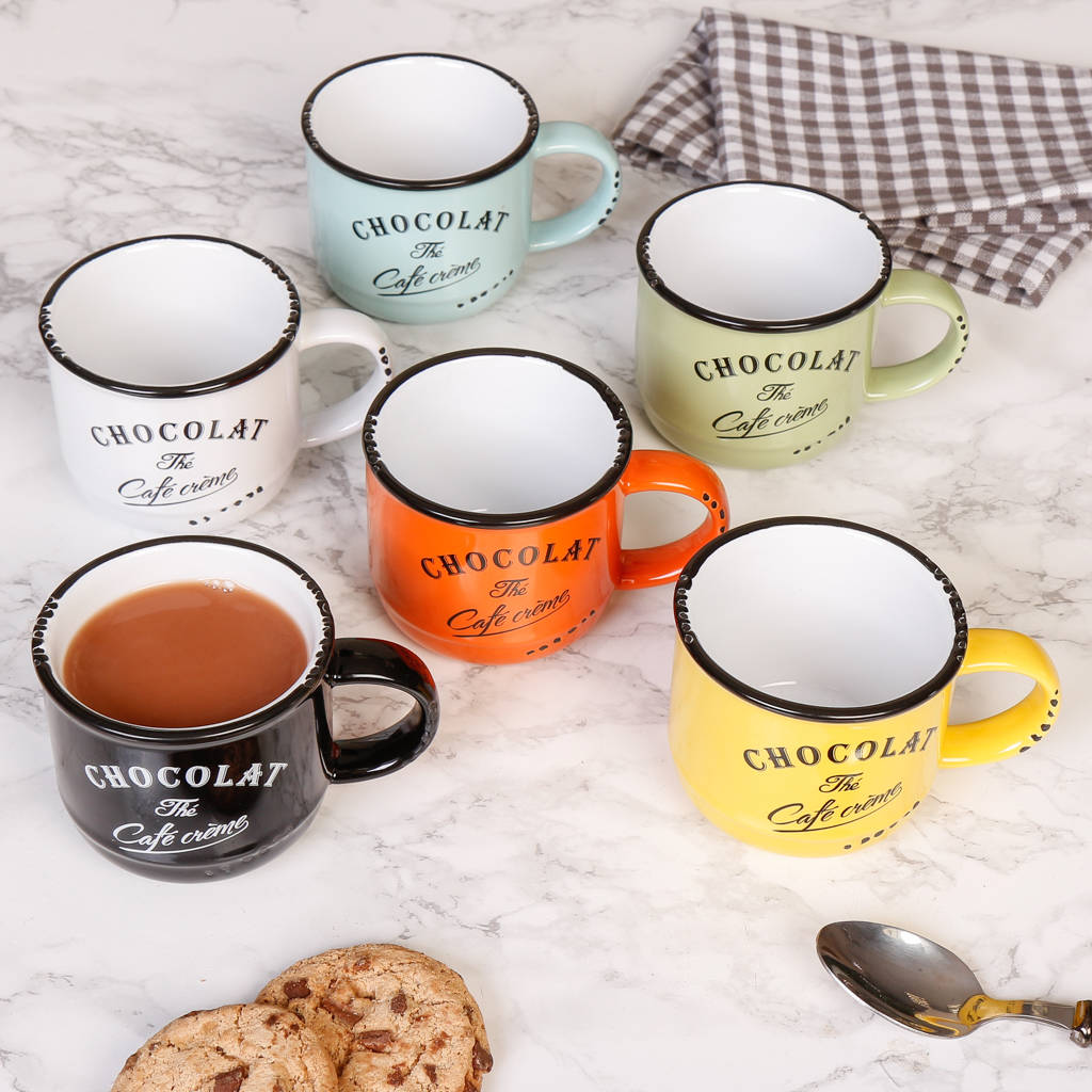 Set Of Six Retro Café Crème Enamel Coffee Mugs By Dibor ...