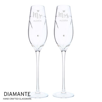 Personalised Mr And Mrs Pair Of Champagne Flutes In Silk Lined Gift Box – Perfect Wedding Gift For Newlyweds, 5 of 5
