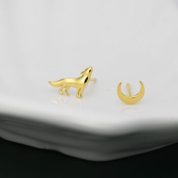 Sterling Silver Wolf And Moon Stud Earrings, 5 of 11