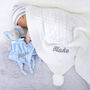 Personalised Blue Ellie Comforter Cable Blanket White, thumbnail 1 of 10