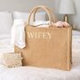 Wifey Square Gold Reflective Jute Shoulder Beach Shopper Tote Bag, thumbnail 1 of 6
