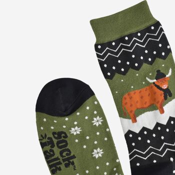 Men's Bamboo Socks Winter Highland Cow Green, 5 of 5