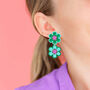 Double Flower Statement Earrings Green, thumbnail 2 of 3