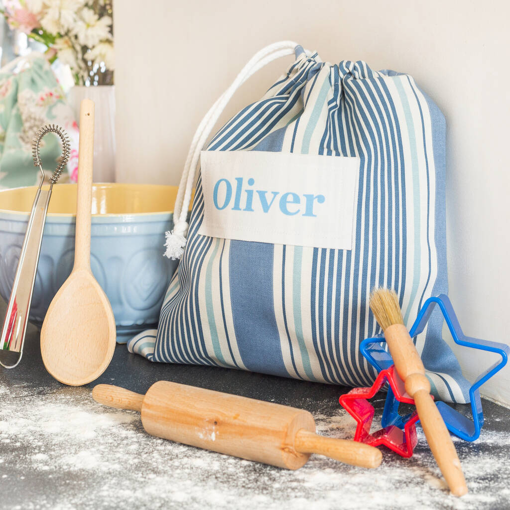 Personalised Children's Baking Set In A Striped Bag, 1 of 12