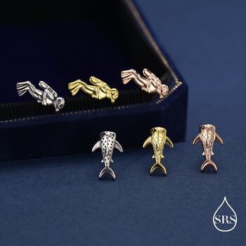 Mismatched Scuba Diver And Whale Shark Stud Earrings In Sterling Silver, 3 of 12
