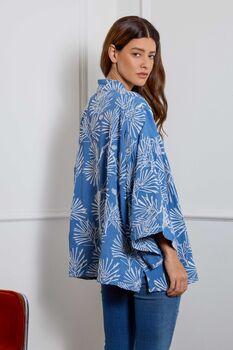 Ivory Embroidered Japanese Pine Needles Blue Short Fully Lined Kimono, 3 of 7