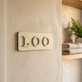 Loo Sign Pastel Yellow, Bathroom Toilet Sign Birch Wood, 3 of 12
