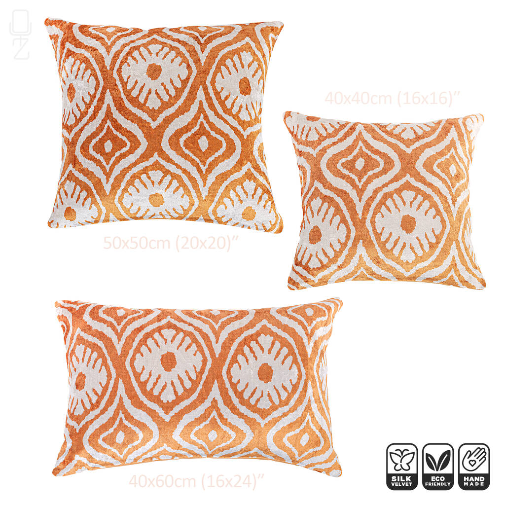 Cinnamon Silk Ikat Velvet Decorative Cushion Covers, Front side is 100% Silk Velvet, Back side offers is Soft Cinnamon Fabric, OEKO-TEX® Standard