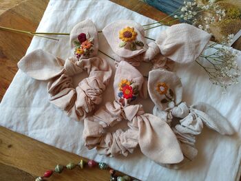 Bunny Bow Linen Scrunchies With Hand Embroidered Flower, 8 of 10