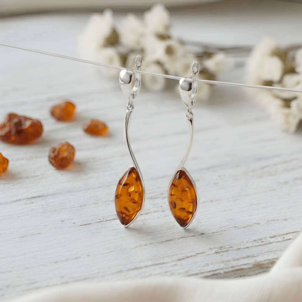 Sterling Silver And Baltic Amber Marquise Drop Earrings, 1 of 3