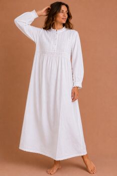White Cotton Nightdress Polo Long Sleeve Broderie Anglaise Vintage Victorian Nightgown, 10 of 12