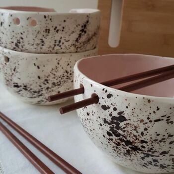 Handmade Speckled Pink Noodle Bowl With Chopsticks, 7 of 11