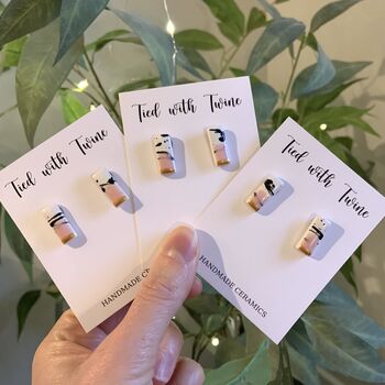 Baby Pink And Gold Pink Ceramic Bar Stud Earrings Abstract Splatter Minimalist Studs, 8 of 11