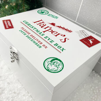 Personalised White Wooden North Pole Postal Stamp Christmas Eve Box Three Sizes 22cm | 27cm | 30cm, 2 of 7