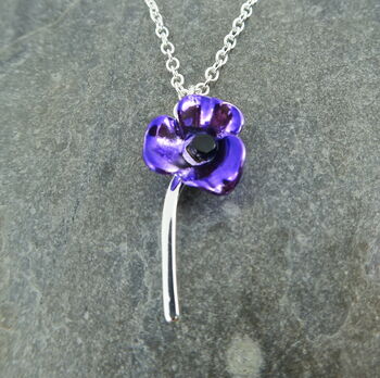 Poppy Purple Flower On Stem Pendant Necklace, 2 of 3