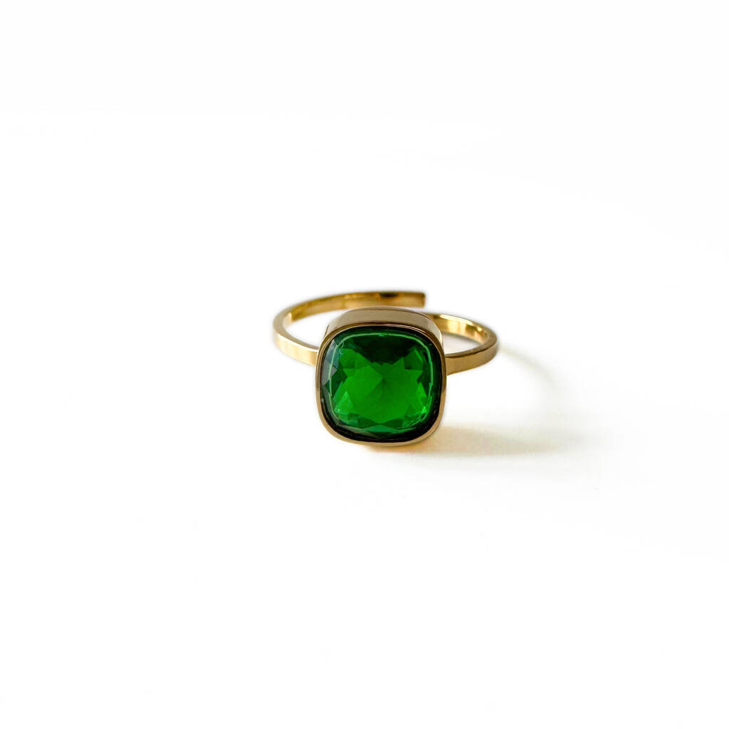 18k Gold Plated Adjustable Ring With Green Stone Ring, 1 of 3