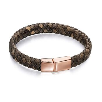 Mens Rose Gold Plated Woven Brown Leather Bracelet, 4 of 8