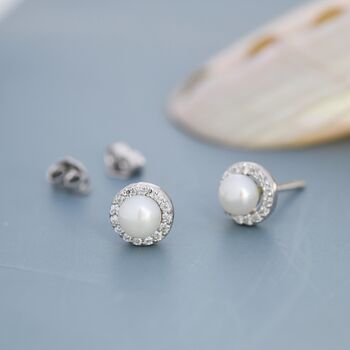 Sterling Silver Genuine Freshwater Pearl Cz Stud Earrings, 3 of 12