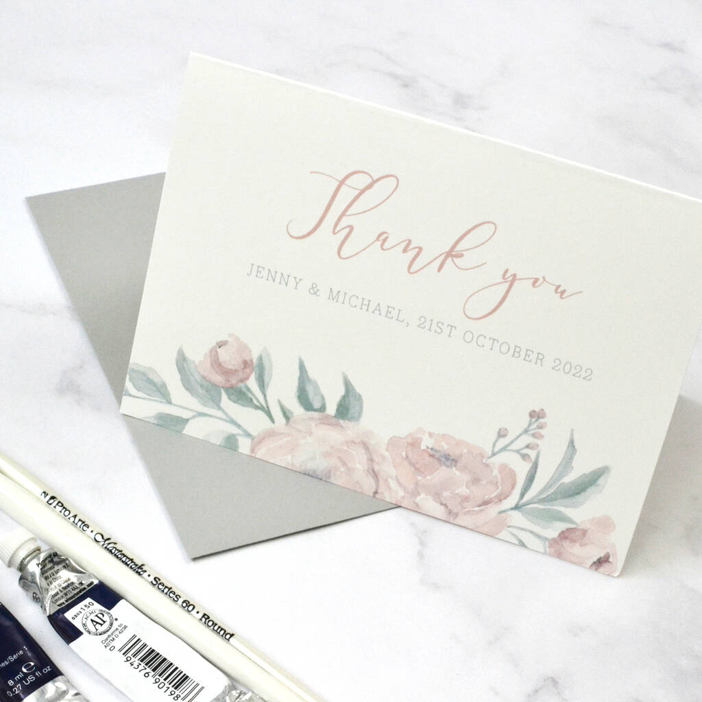 personalised watercolour peony thank you card