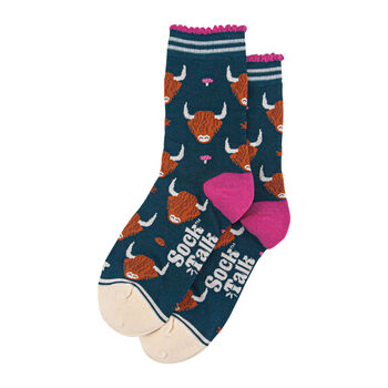 Highland Cow Autumn Leaves Toadstools Bamboo Ankle Socks Women's Green, 2 of 4