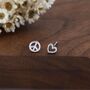 Tiny Mismatched Peace And Love Symbol Stud Earrings In Sterling Silver, thumbnail 1 of 12