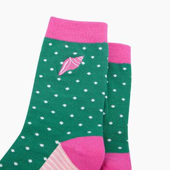 Embroidered Conch Shell Combed Cotton Socks In Green/Pink, 2 of 4