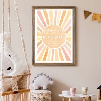 Framed Custom Birth Print Sun Baby Boy Girl Nursery Newborn Gift, 2 of 4