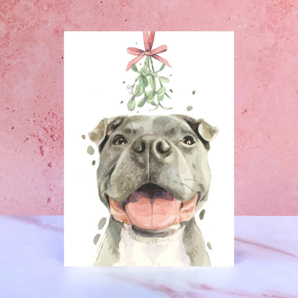 Staffordshite Bull Terrier Mistletoe Christmas Card, 1 of 2