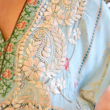 Floral Rose Border Viscose Kaftan In Turquoise With Heavy Cream Fishbone Embroidery, 6 of 7