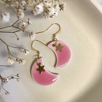 Pink Moon And Star Ceramic Earrings Gold Plated, 7 of 8