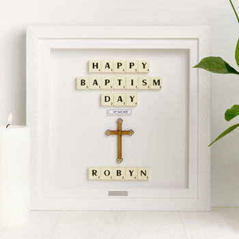 Personalised Wooden Cross Baptism Keepsake Frame With Scrabble, 3 of 9