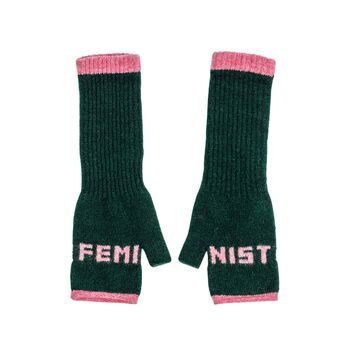 Feminist Fingerless Mittens In Forest Green, 3 of 3