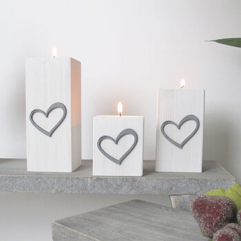 Winter White Wooden Tea Light Holders Grey Heart Design, 3 of 6