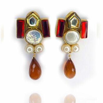 Red Crystal, Chalcedony And Baroque Pearl Earrings, 2 of 2