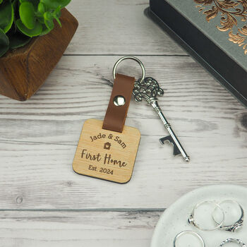 Personalised First Home Wooden Keyring For Couples, 3 of 4